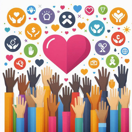 Hands and heart with social media icons on white background, vector illustrationのイラスト素材