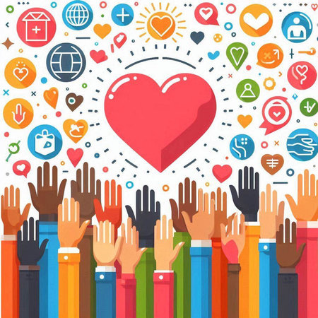 Group of hands raised up with heart and social media icons. Vector illustrationのイラスト素材