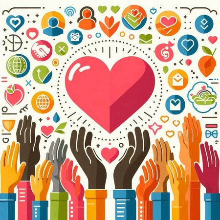 Colorful vector illustration of hands with heart and social media icons.のイラスト素材