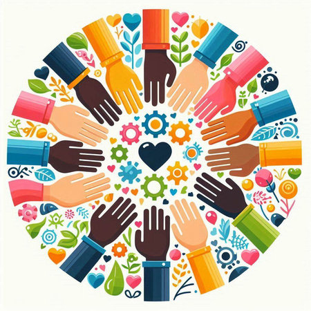 Hands of different nationalities in a circle. Vector illustration.のイラスト素材