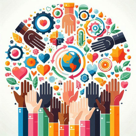 Multiethnic hands with social icons in the shape of a circleのイラスト素材
