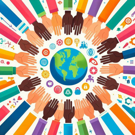 Multiethnic group of people with hands around the globe. Vector illustration.のイラスト素材