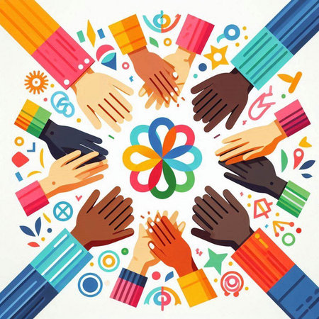 Multiethnic group of people holding hands together. Vector illustration.のイラスト素材