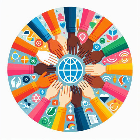 Human hands around the globe. Teamwork concept. Vector illustration.のイラスト素材