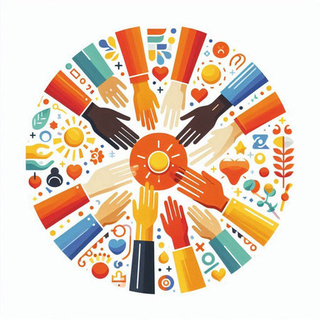 Teamwork concept with hands around circle. Vector illustration in flat style.のイラスト素材