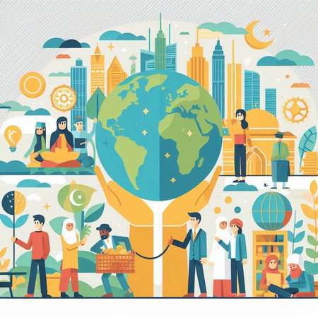 Flat design vector illustration concept of global business. People holding Earth globe in their hands.のイラスト素材