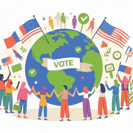 People holding flags around the world vector illustration. Concept of global communicationのイラスト素材