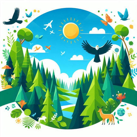 Nature landscape with flying birds, trees, flowers and sun. Vector illustration.のイラスト素材