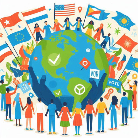 Group of people with flags around the world. Vector illustration in cartoon style.のイラスト素材