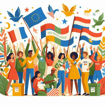 Vector illustration of people with flags of different countries participating in political electionsのイラスト素材
