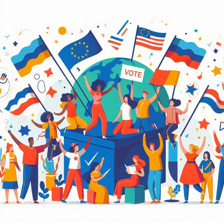 Happy people with flags and placards. Vector illustration in cartoon styleのイラスト素材