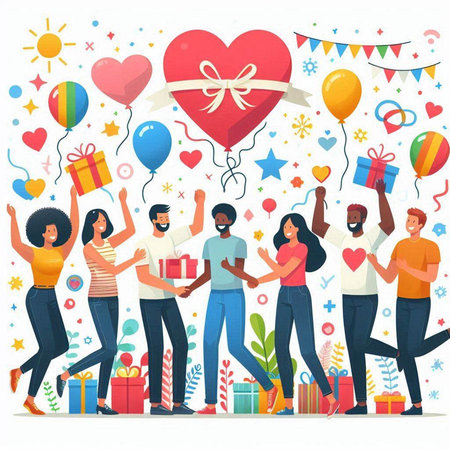Happy people with gift boxes, balloons and confetti. Vector illustration.のイラスト素材