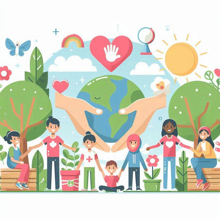 World environment day concept. Group of people around the globe. Vector illustrationのイラスト素材