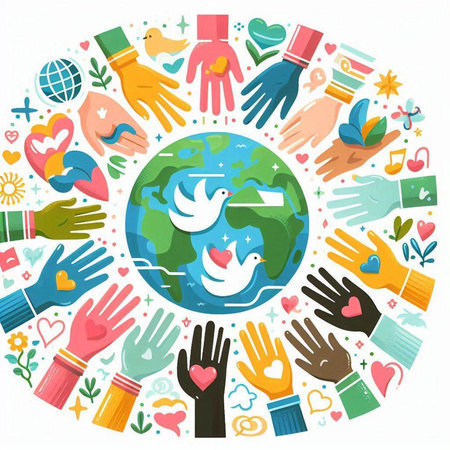 International day of peace concept with hands around the globe. Vector illustration.のイラスト素材