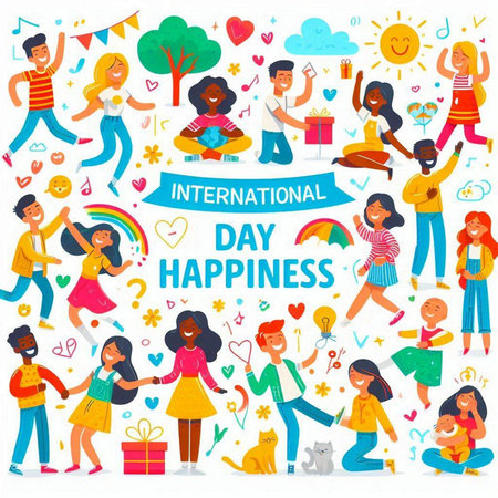 International Day of Happiness poster with people and symbols. Vector illustration.のイラスト素材