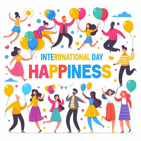 International Happy Women's Day. Group of happy women with balloons and confetti. Flat vector illustration.のイラスト素材