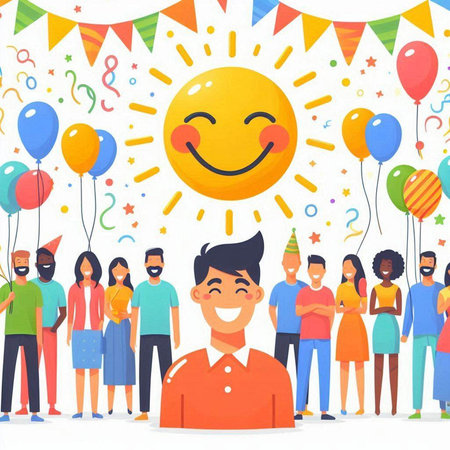 Happy Smiling Teenage Boy Celebrating Birthday with Friends and Balloons Vector Illustrationのイラスト素材