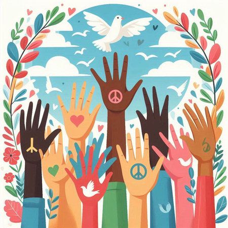 International Day of Peace. Vector illustration of hands with heart and doveのイラスト素材