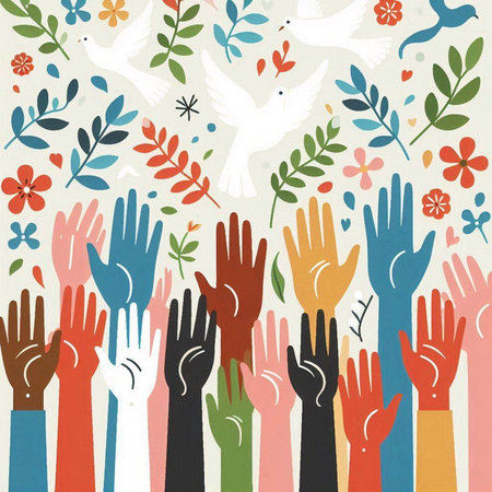 Hands of different colors with flowers and birds. Vector illustration.のイラスト素材