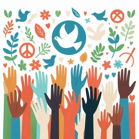 International Day of Peace. Vector illustration of a crowd of people with raised hands.のイラスト素材