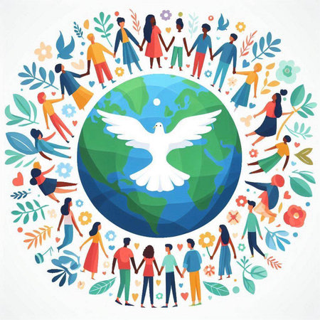 International Day of Peace concept with people around the globe. Vector illustration.のイラスト素材