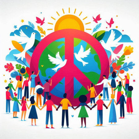 International Day of Peace concept. People with peace sign. Vector illustration.のイラスト素材