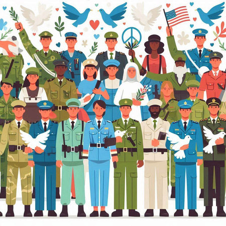 Soldiers of different nationalities and religions. Cartoon vector illustration.