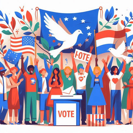 Flat design illustration of people with United States of America flag and voting on election day.