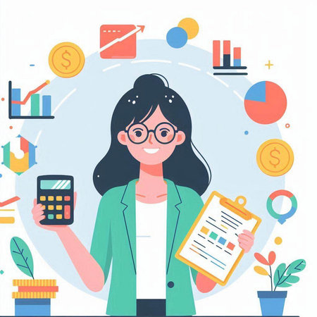Woman with calculator and financial report. Vector illustration in flat style.のイラスト素材