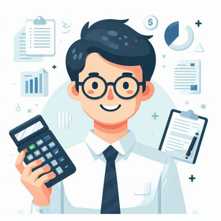 Businessman with calculator and documents. Vector illustration in flat style.のイラスト素材