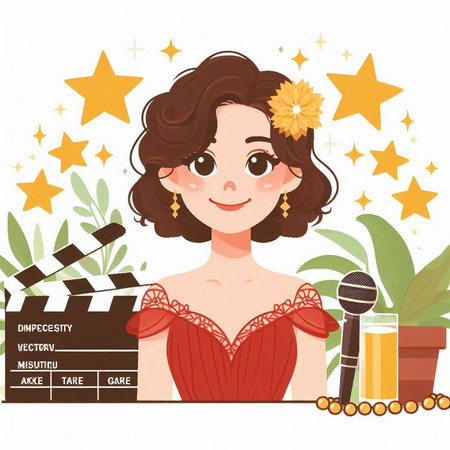 Illustration of a beautiful woman in retro style with a clapperboardのイラスト素材