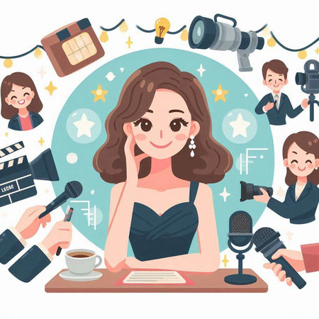 Cute girl with a cup of coffee in her hands, recording a podcast. Vector illustrationのイラスト素材