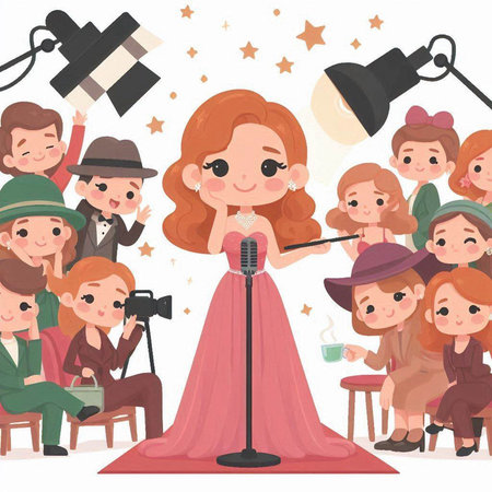 Cute cartoon girl singing a song. Vector illustration in a flat style.のイラスト素材