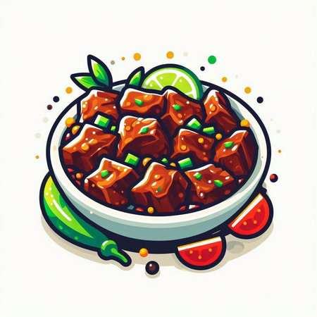 Illustration of a bowl of spicy beef stew with lime and pepperのイラスト素材
