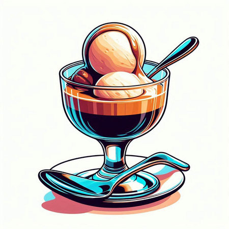 Coffee ice cream in glass cup with spoon. Vector illustration.のイラスト素材