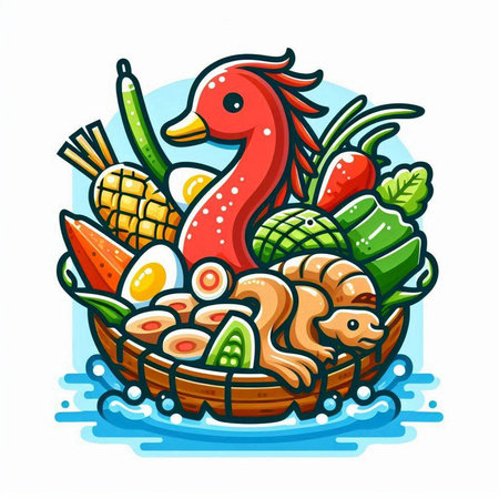 Vegetables and chicken in a wicker basket. Vector illustration.のイラスト素材