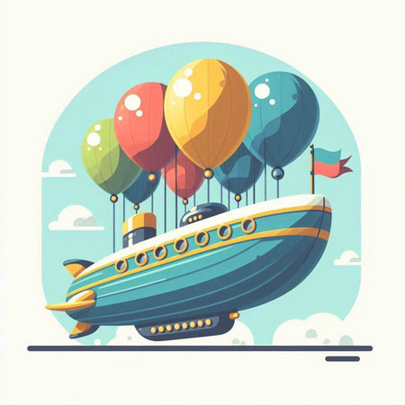 Boat with balloons in the sky. Vector illustration in flat styleのイラスト素材