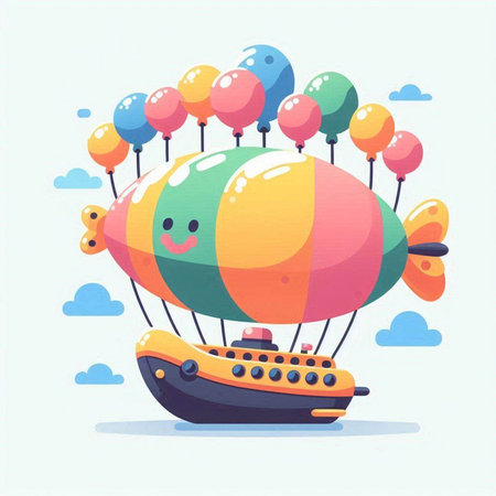 Cartoon airship with colorful balloons. Vector illustration in flat styleのイラスト素材