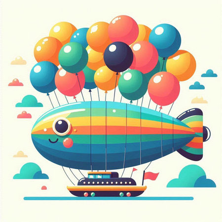 Vector illustration of cute cartoon airship with colorful balloons in the skyのイラスト素材