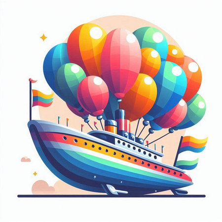 Colorful cruise ship with colorful hot air balloons. Vector illustration.のイラスト素材