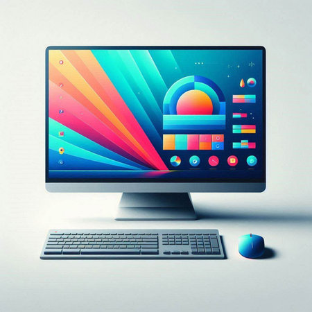 3d illustration of modern desktop computer with colorful screen and mouse on white backgroundのイラスト素材