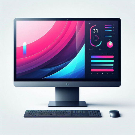 Modern computer with colorful screen and mouse on white background. 3D renderingのイラスト素材