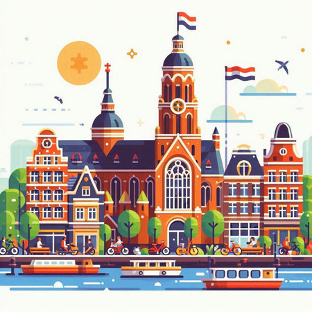 Amsterdam, Netherlands. Vector illustration in flat style. City landscape.のイラスト素材