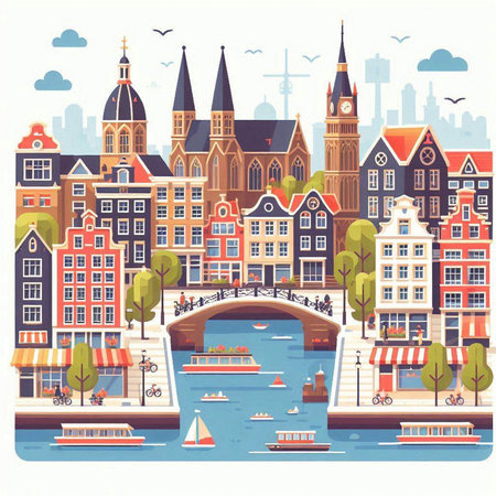 Amsterdam cityscape with canals, bridges and boats. Vector illustrationのイラスト素材