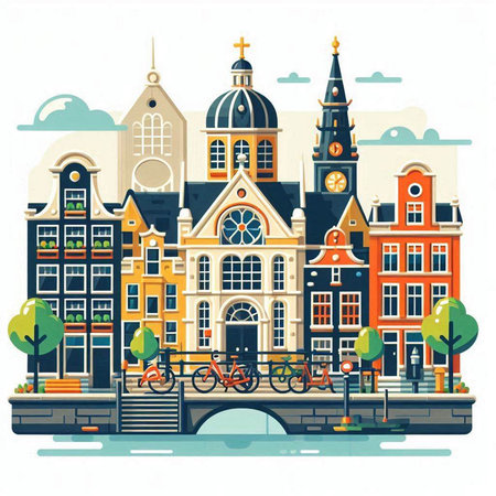 Amsterdam old town, Holland, Netherlands, Europe. Vector illustration in flat styleのイラスト素材