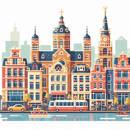 Amsterdam, Holland. Vector illustration in retro style. Cityscape.のイラスト素材