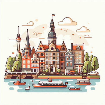 Amsterdam, Netherlands cityscape. Vector illustration in flat style.のイラスト素材