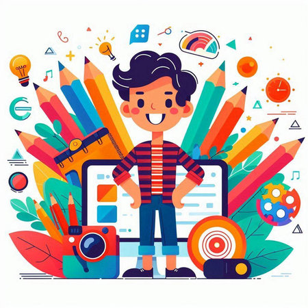Boy with school supplies. Back to school concept. Vector illustration.のイラスト素材
