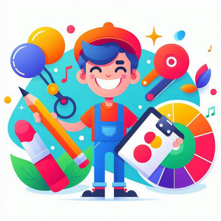 Cute cartoon boy with school tools. Vector illustration in a flat styleのイラスト素材