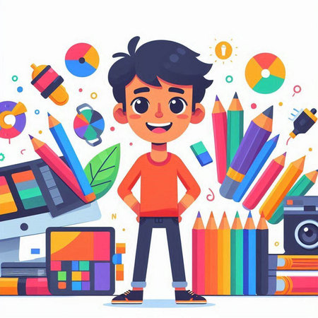Boy with a lot of school supplies. Vector illustration in cartoon styleのイラスト素材